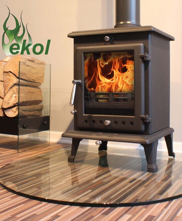 Ekol Crystal 8 woodburning multi fuel stove on glass hearth