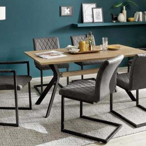 ModaNuvo Industrial 6 Seater Dining Set Metal Oak Table & Taupe Vintage Leather Dining Chairs