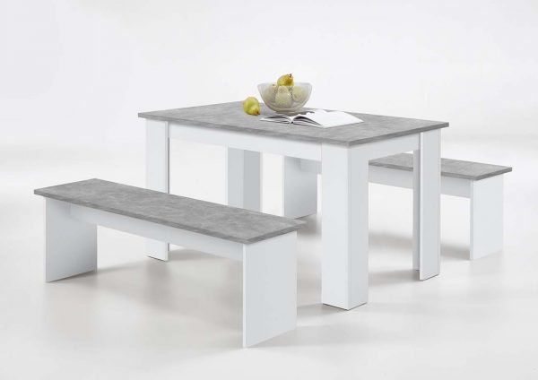 SlumberHaus Dorma Dining Table and 2 Bench Set in White and Concrete