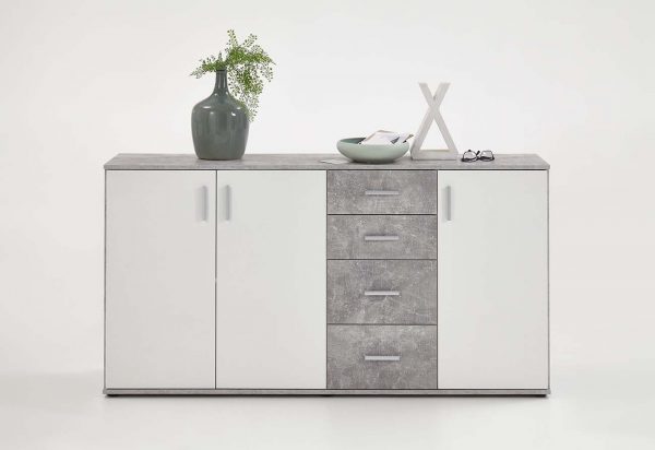 SlumberHaus Urban 3 Door 4 Draw White & Grey Stone Concrete Sideboard Cabinet Unit2