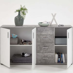 SlumberHaus Urban 3 Door 4 Draw White & Grey Stone Concrete Sideboard Cabinet Unit3