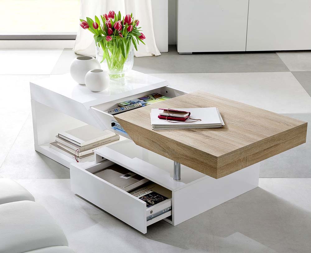 ModaNuvo Modern Full White High Gloss Storage Coffee Table With Rotating Drawer